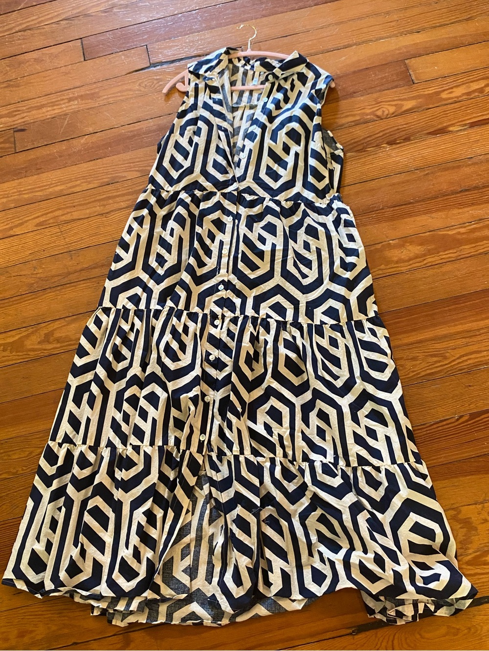 YAKTUS Navy & Cream Geometric Cotton Maxi Dress XXL Tiered